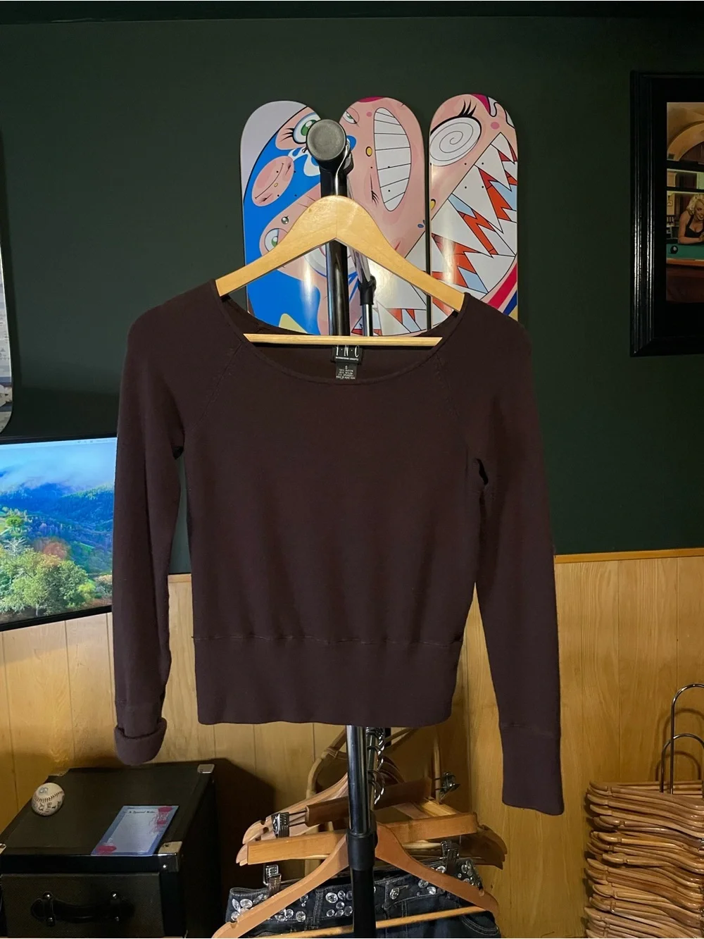 INC International Concepts Women's Long-Sleeve Scoop Neck Top in Brown